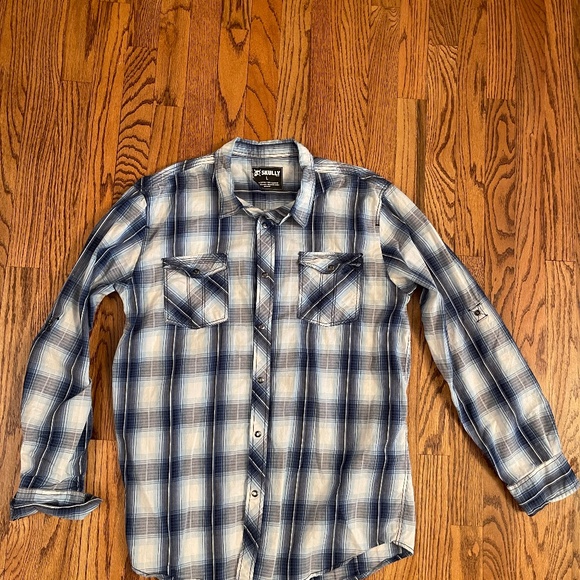 Skully Button Snap Shirt Plaid Pockets Western Blue SZ L - Picture 1 of 7